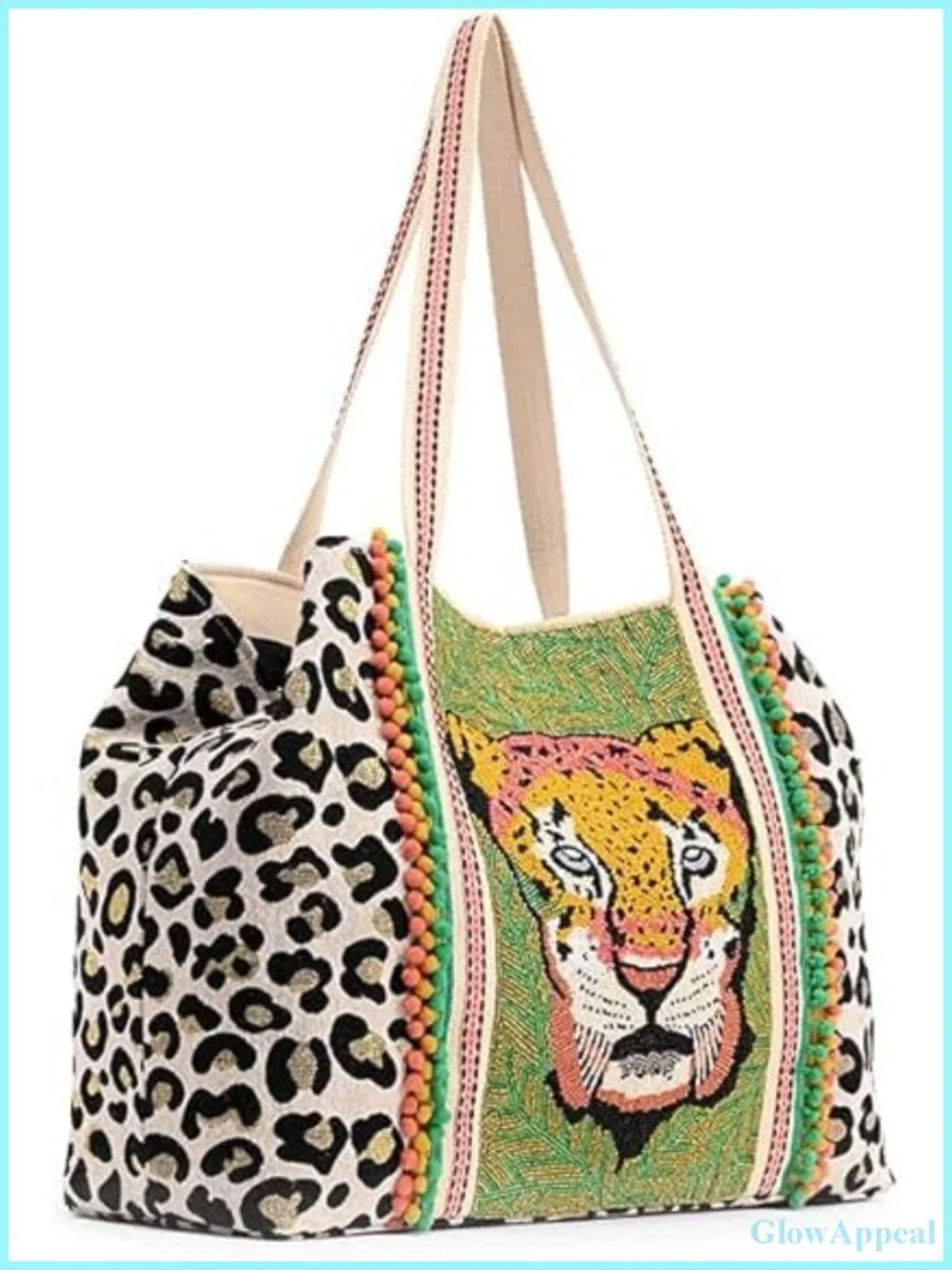 Hand-Beaded Leopard Jacquard Tote Bag for Women with Pompom Embroidered Handle